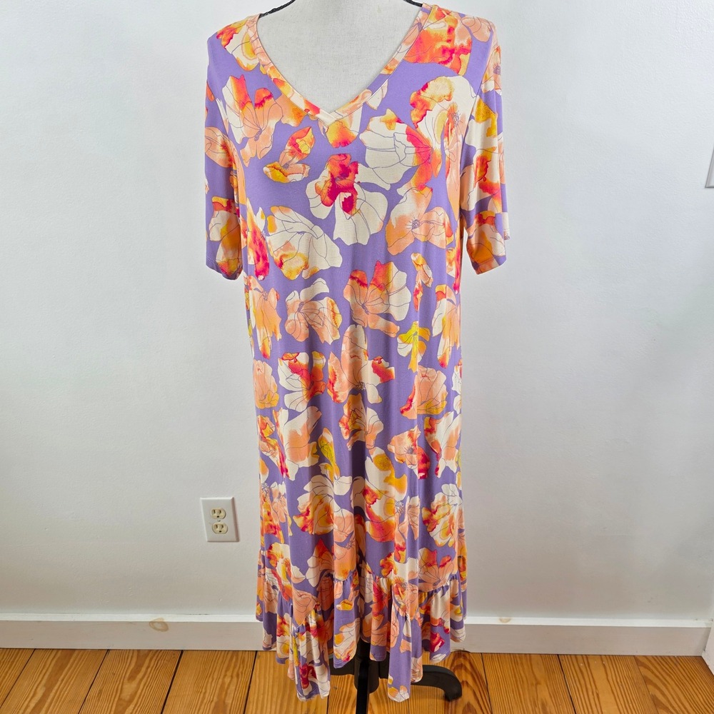 LOGO Lori Goldstein Midi Dress Womens MP Purple‎ Orange Floral Ruffle Hem V-Neck